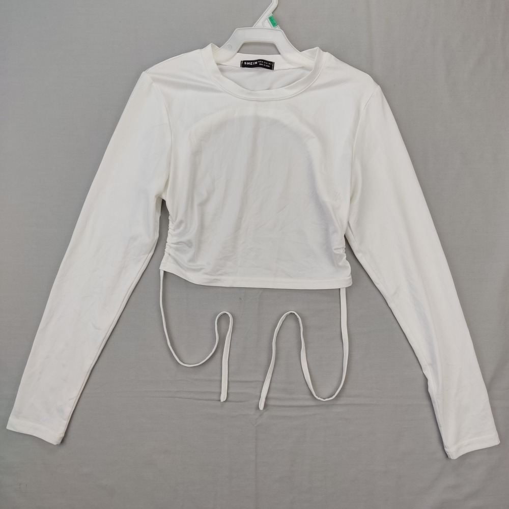 SHEIN Crop‎ Top Womens XS White Open Back Tie Hem Ruched Long Sleeve Tee